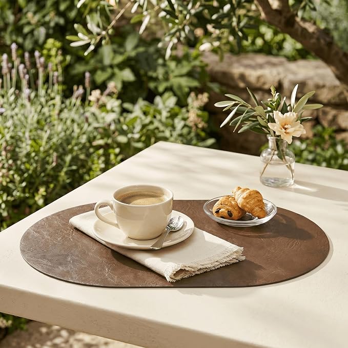 Artoid Mode Brown Faux Leather Oval Placemats Set of 6, 12 x 18 Inch Waterproof Wipeable Heat Resistant Vinyl Place Mats, Reversible Table Mats for Kitchen Dining Decor