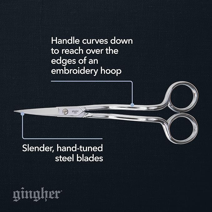 Gingher 6" Double-Curved Embroidery & Applique Scissors for Crafting | Extra Long Handles Curve Over Embroidery Hoops, Sharp & Durable Forged Steel Blades Cut Threads Close to Fabric
