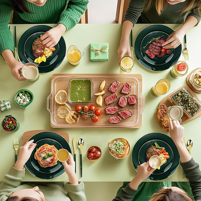 Bestluck 175PCS Green Plastic Dinnerware Set, Green Plastic Plates for 25 Guests, Include 50 Green Gold Plates with 75 Plastic Cutlery, 25 Napkins and 25 Cups