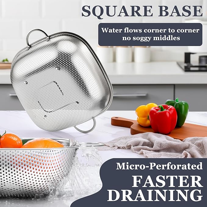 E-far Stainless Steel Colander Set of 3, Square Strainers and Colanders | Metal Kitchen Strainer with Handle for Draining Pasta Vegetable, Micro-Perforated & Elevated Feet, Dishwasher Safe(2.4/4/6QT)