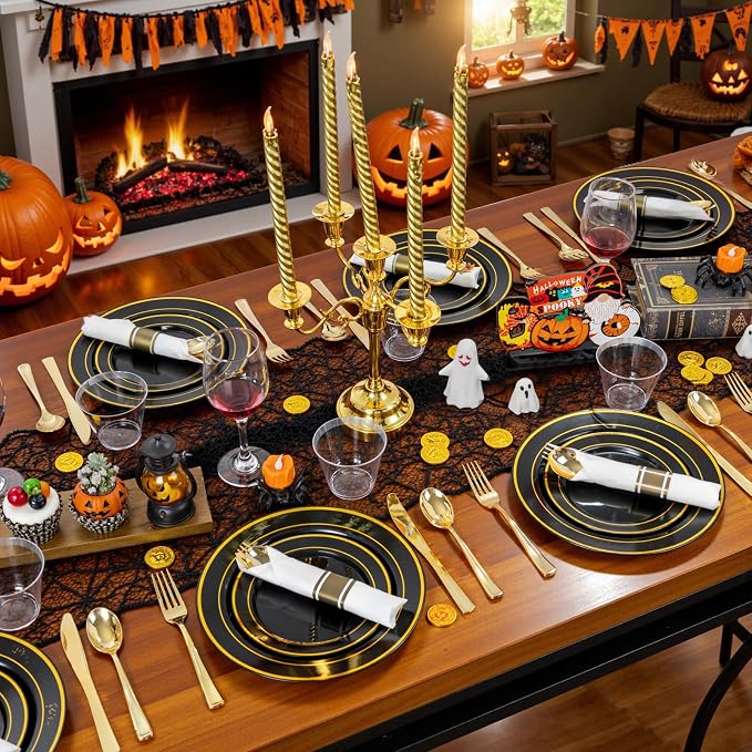 175PCS Black and Gold Plates - Black Disposable Plates for Party - 25Guests Disposable Dinnerware Set for Wedding/Party/Birthday/Halloween
