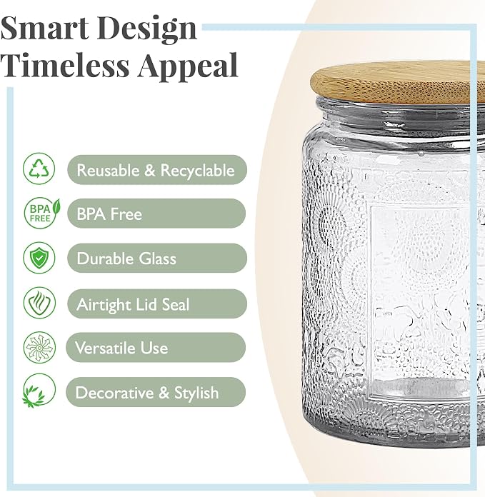 8 oz Decorative Small Glass Jars with Airtight Bamboo Lids, Orange 6 Pack | Vintage embossed color coated containers, kitchen pantry bathroom organization & decor, spices, DIY gifts, candle making