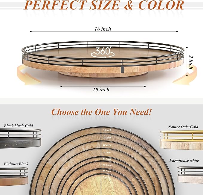 AMH 16-Inch Farmhouse Oak Lazy Susan Organizer for Table and Cabinet | Smooth rotating oak tray with walnut finish for dining tables, kitchen counters, pantries and cabinet storage.