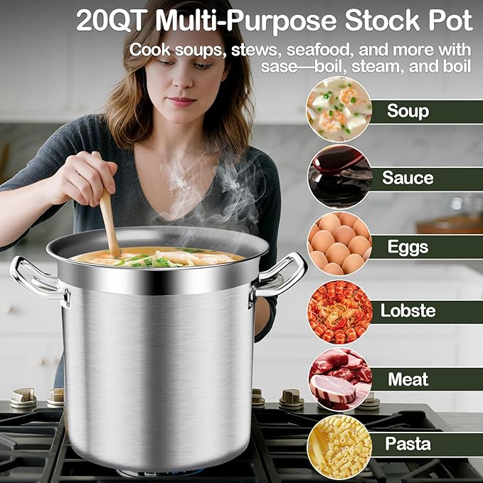 Stock Pot-20QT Stainless Steel Stockpot with Lid, Heavy Duty Tri-Ply Bottom Commercial Grade Large Stock Pot & Stockpots for Boiling Cooking Soup Stew Canning Cooking Pots,Big Stockpot, Deep Cookware