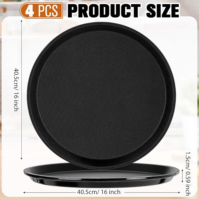 Zopeal 4 Pcs Bar Service Tray Round Plastic Non Slip,16" | For Waiter Server in Restaurant Cafeteria Bar, Raised Edges Prevent Spills, Cocktail Food Server, Textured Surface Grip