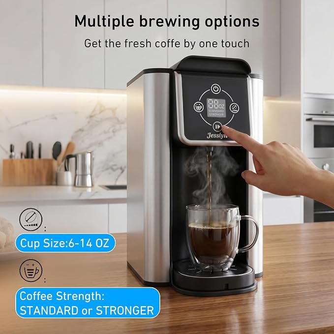 Jesslyn 3-in-1 Single Serve Coffee Maker, Compatible with K-Cup Pods, Ground Coffee & Loose Leaf Tea, Coffee Machine with 50oz Removable Water Reservoir, 6-10oz Brew Sizes, Fast Brewing(Black)