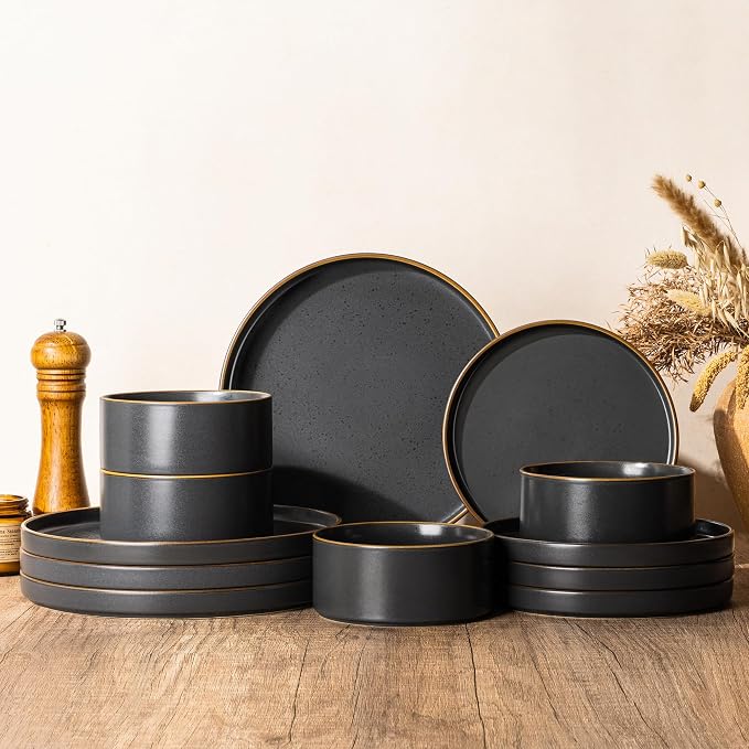 LERATIO Stoneware Dinnerware Sets for 4,12-Piece Matte Plates and Bowls Set | Handmade High Edge Rim Dish Set,Oven & Microwave,Dishwasher Safe,Scratch Resistant-Ashen Gold Rim