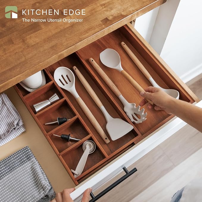 Utensil & Junk Drawer Organizer, 10.5-18.5 in, Acacia | Food-safe contract grade, 100% sustainable wood, non-slip, adjustable