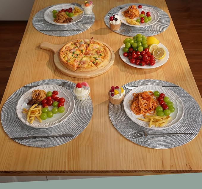 Zupro Round Silvery Placemats Set of 6 Braided 15" Indoor/Outdoor Use | Heat Resistant Non-Slip Washable,for Kitchen Dining Tables Dinner Parties Thanksgiving Christmas and Everyday Use.