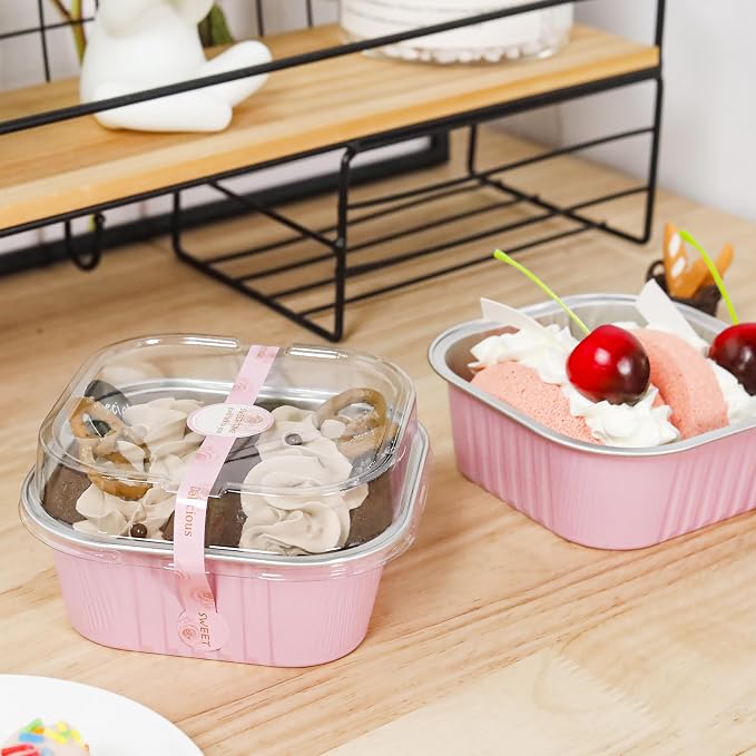 Square Cake Pans with Lids, 60 Pack Pink 10oz for Bake Sales | Works for sweet bites, savory samples, dips and layered cups; paired extras make serving details easier to finish.