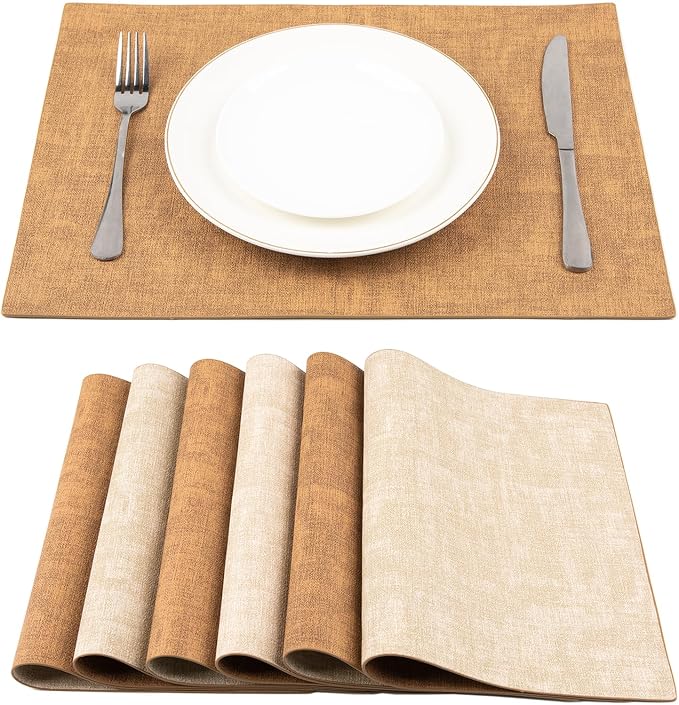 Leather Placemats Table Mats Set of 6, Camel and Beige | Reversible Non-Slip Table Placemats, Heat-Resistant and Waterproof for Dining Kitchen and Holiday Parties