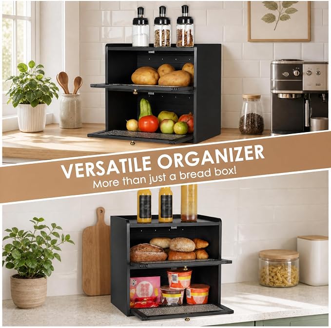 Sunhoo Bread Box for Kitchen Countertop, Large Pine Wood Breadbox, Black | Farmhouse Pantry Container, Double Layer Storage, Fresh Homemade Sourdough Bin, Vintage Textured Acrylic Door, Easy Assembly