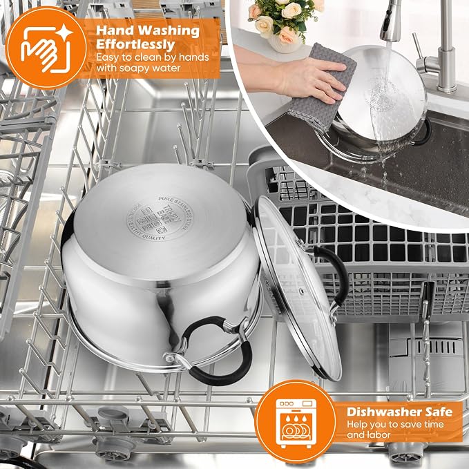 P&P CHEF 8 Quart Stainless Steel Stock Pot, Cooking Pot with Visible Lid | For Soup Pasta, Tri-Ply Bottom & Dual Heatproof Handles, For Induction Gas All Stoves, Non-Toxic & Dishwasher Safe
