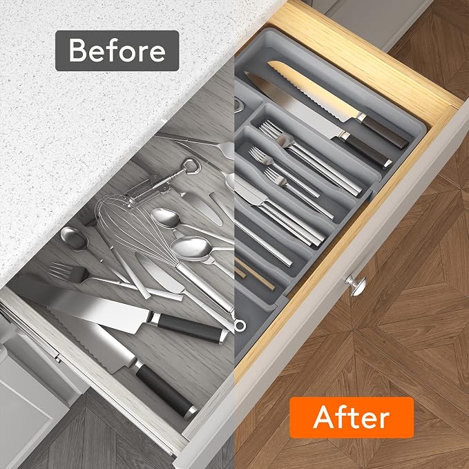 Lifewit Extra Large Silverware Drawer Organizer, Expandable Utensil Tray for Kitchen, BPA Free Flatware and Cutlery Holder, Adjustable Plastic Storage for Spoons Forks Knives, 13-22 x 15, Gray