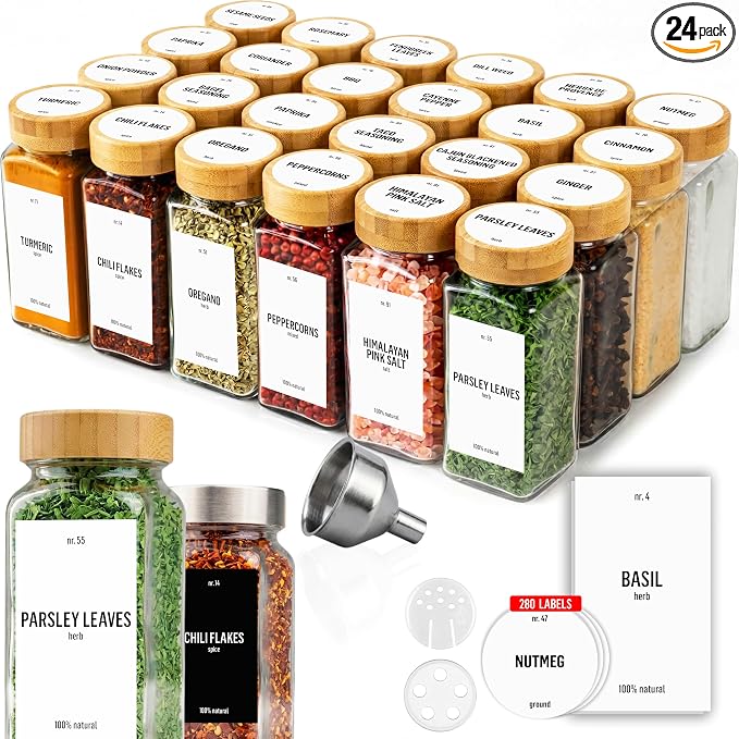 Deco haus Glass Spice Jars with White Label and Bamboo Lid 24x4oz [LABELS incl] Spice Containers with Labels, Shaker Lids & Funnel - Empty Herb Seasoning Containers, Small Seasoning Bottles for Her