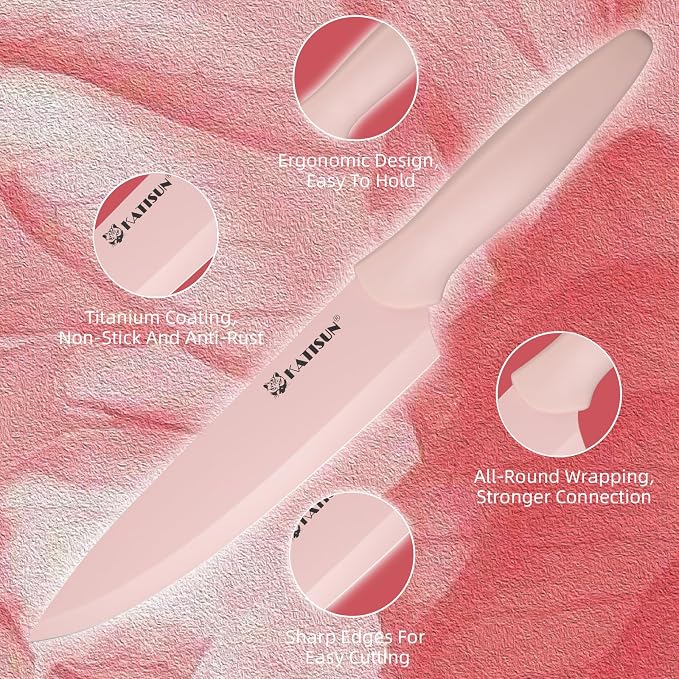 Kitchen Knife Set, 13 PCS Pink Non-Stick Knives with 6 Blade Guards | Stainless Steel Blades, Pink Nonstick Coating, Long-Lasting Sharpness, Rust-Resistant, Non-Slip, Dishwasher Safe