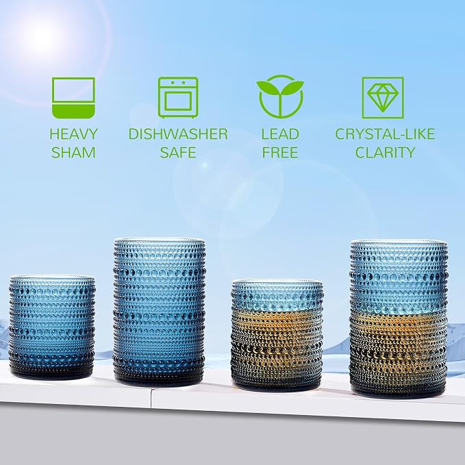 Vintage Hobnail Drinking Glasses Set of 12-14 oz Old Fashioned Glass Cups & 11 oz Cocktail Glasses, Aesthetic Kitchen Bar Tumbler Glassware Gifts Sets, Blue (12Pcs Blue XL)