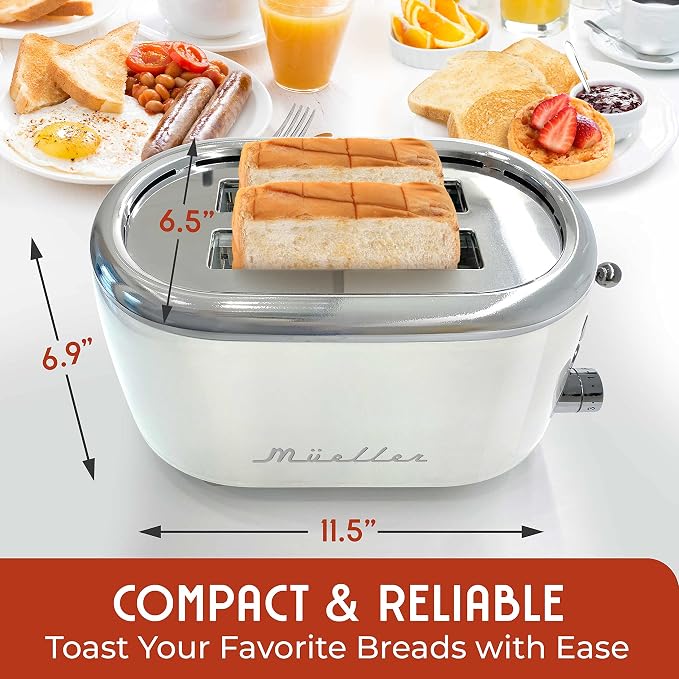 MUELLER HOME Retro Toaster 2 Slice, 7 Browning Levels | 3 Functions (Reheat, Defrost, Cancel), Stainless Steel Features, Removable Crumb Tray, Under Base Cord Storage, White