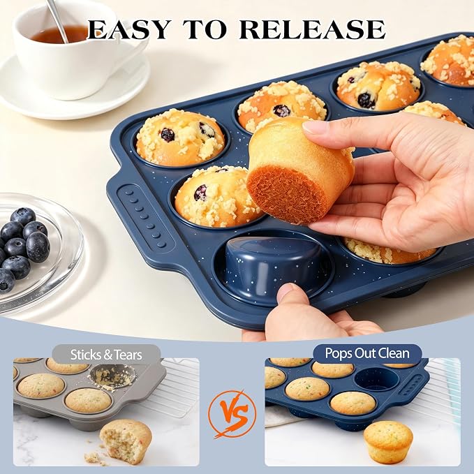 Silicone Muffin Pans for Baking with Metal Reinforced Frame | Nonstick 12-Cup Regular Size Cupcake Tray for Egg Bites, Muffins & Cupcakes, Dishwasher Safe, Titan Blue, Set of 2