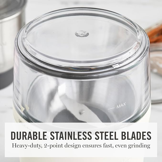 Martha Stewart Electric Coffee & Spice Grinder with Dual Bowls, Linen Cream | Dual 2.5oz Removable Bowls for Coffee Beans, Nuts, Herbs & Spices, Stainless Steel Blade, One-Touch Pulse Control, Easy Clean