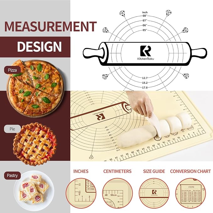 Silicone Baking Mat, Extra Thick Dough Rolling Pad with Measurements and Edge Heightening, Non-stick Food Grade Silicone Pastry Mat for Pastry, Bread, Cookies (Beige Edge Up, 20"L x 28"W)