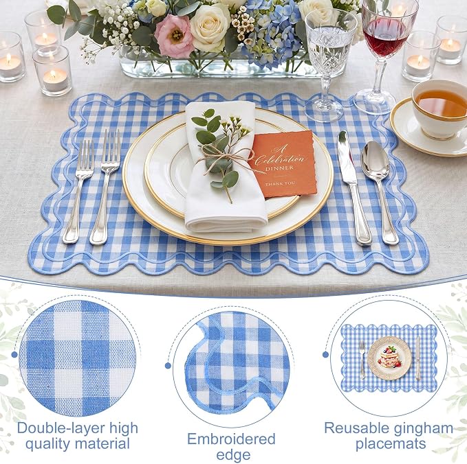 Linen Placemats Set of 12 Scalloped Placemat 13 X19 Wavy Embroidery Double Layered Washable Farmhouse Dinner Fabric Table Mat Napkin for Wedding Party Restaurant(Plaid,Sky Blue)
