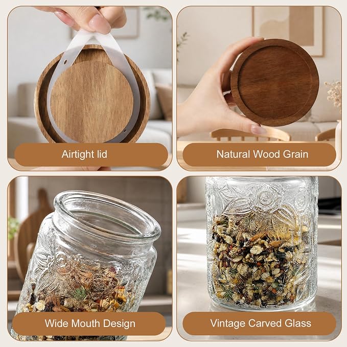 6 Pcs Vintage Glass Jars with Lids, Airtight Snack Coffee Food Storage Set | 17/24/34 oz, Sunflower Glass Decorative Container Set, Kitchen Counter Pantry Use, BPA-Free
