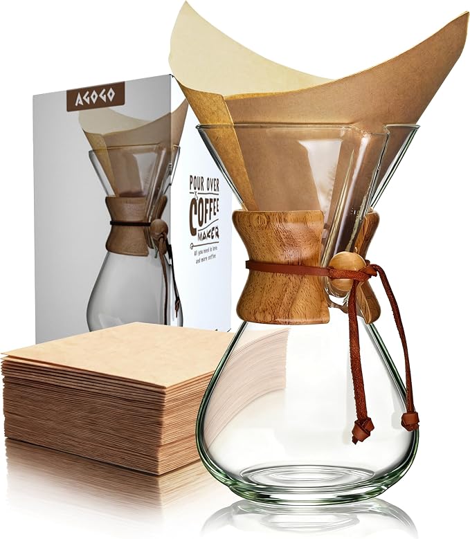 AGOGO Pour Over Coffee Maker Set, 34oz Classic Style, 50 Paper Filters | Barista kit for home kitchen, Cafe, Camping & Office; 20oz-40oz Classic, Slim, Diamond styles; Includes brush & towel.