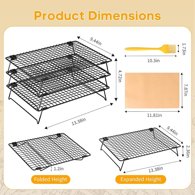 3-Tier Baking Cooling Rack with Legs, 13"x 9" w/50 Parchment Paper | Stackable Cooling Racks for Baking w/Pastry Brush, Collapsible Wire Rack for Cooling Cookies, Cakes, Bread, Dishwasher Safe