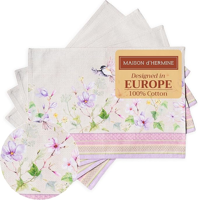 Maison d' Hermine Placemats Set of 4 Reusable 100% Cotton (13"x19") | Cloth Place Mats Washable Table Mats for Kitchen Dining Party Wedding Hotel Home Restaurant Spring Summer - Magnolia Mornings