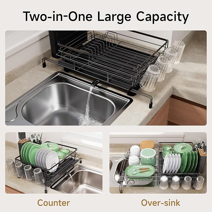 Runnatal Dish Drying Rack - Expandable Large Dish Rack Over Sink | Drying Dish Drainer for Kitchen Counter, Stainless Steel Dish Strainer with Utensil Holder & Cup Holder, Black