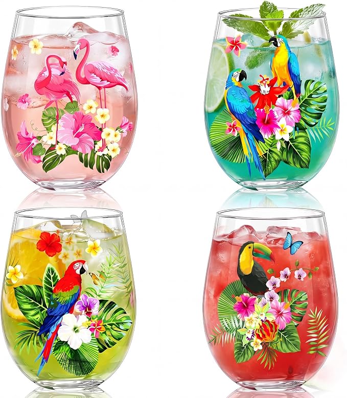 Nuogo 4 Set Summer Tropical Stemless Wine Glasses 17oz Flamingo Parrot Wine Tumblers Hawaii Colorful Flower Leaves Glass Cups Gift for Tiki Luau Party Pool Birthday
