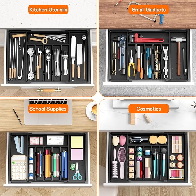 RoomHacks Large Silverware Organizer,Expandable Utensil Drawer Organizer,BPA Free Utensil Holder,Adjustable Silverware Tray Cutlery Drawer Organizer for Kitchen Flatware,Large,Black (6-8 Slots)