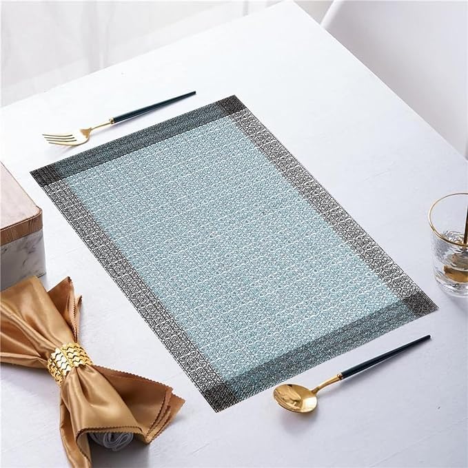 Blue Grey Ethnic Boho Placemats Set of 4, 12x18 Inch Linen Burlap Washable Durable Art Table Mats for Holiday Party Kitchen Dining Room Decoration
