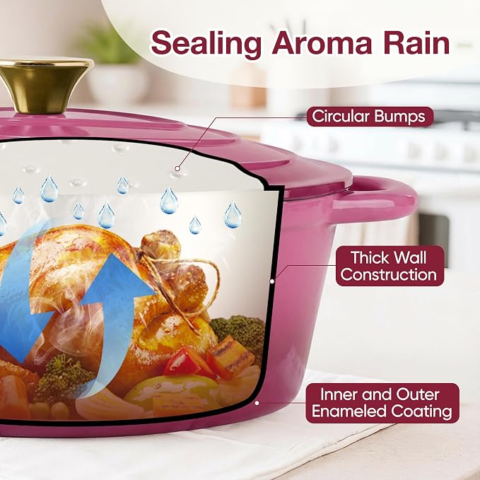 Oval Dutch Oven for Bread Baking, 4.5 Quart Non Stick Enameled Cast Iron Dutch Oven Pot with Lid, Oven Safe Oval Casserole with Lid up to 500°F for Baking, Braising, Stews, Roasting, Rose