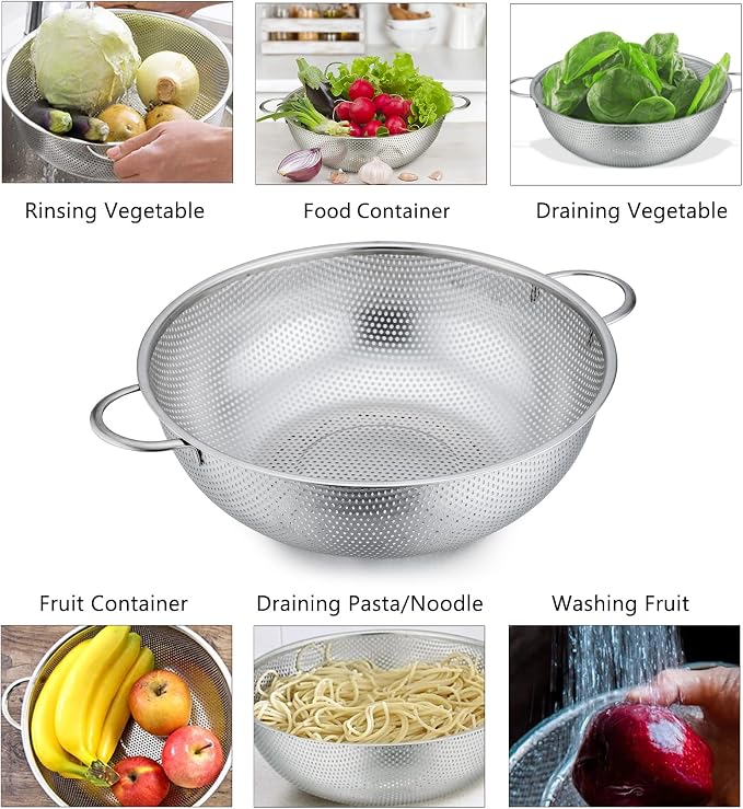 P&P CHEF Colander Set of 3, 1/3/5 Qt, Stainless Steel Colanders Strainers | Metal Micro-Perforated Colanders and Strainers for Draining Rinsing Washing, Ideal for Pasta Fruits, Dishwasher Safe