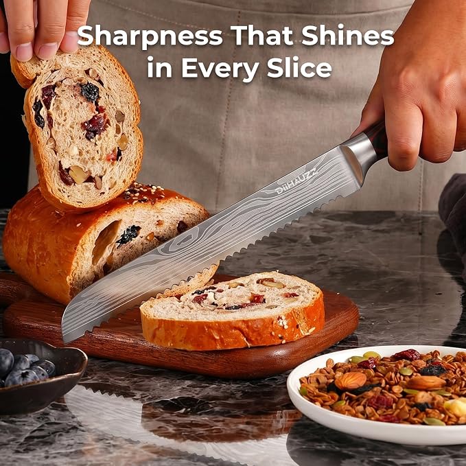 DiiHAUZZ 10 Inch Bread Knife, Serrated Knife for Homemade Bread Sourdough | High Carbon Stainless Steel, Razor Sharp Edge, Ergonomic Pakkawood Handle, for Cutting and Slicing Bagel Cake, Gift Box