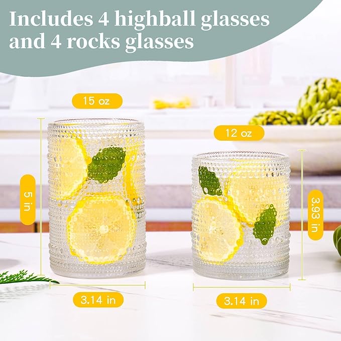 Vintage Hobnail Drinking Glasses Set of 8, 15 oz Highball Glasses & 12 oz Cocktail Glasses, Drinkware Kitchen Glasses for Cocktail, Iced Coffee, Beer, Ice Tea, Wine, Whiskey, Water