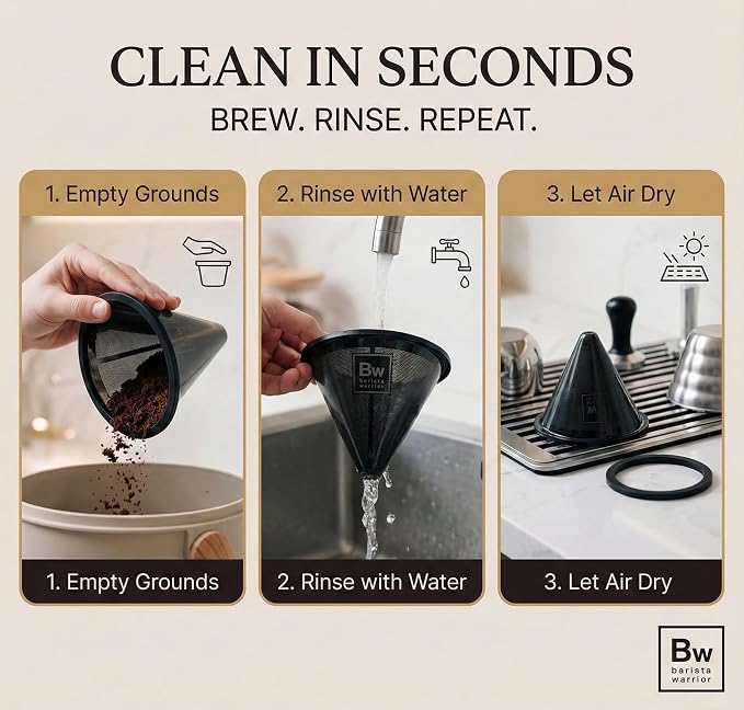 Barista Warrior Reusable Coffee Filter - Stainless Steel Pour Over Dripper, Compatible for Chemex, Hario V60 & Drippers, Easy to Clean Flavorful Brew Fine Mesh Coffee Filter - Black Titanium