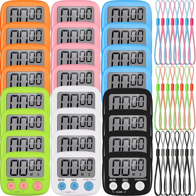 Weewooday 24 Pcs Small Digital Kitchen Timer Magnetic Back and Switch Minute Second Count up Countdown Big LCD Display Loud Alarm for Teacher Cooking Baking (Colorful)