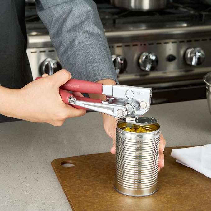 Restaurantware Stainless Steel Magnetic Manual Can Opener - German Standard Red Crank Can Opener with Magnet, Ergonomic Handles, Non-Slip - Heavy-Duty Hand Can Opener, Easy Turn, Sharp Blade
