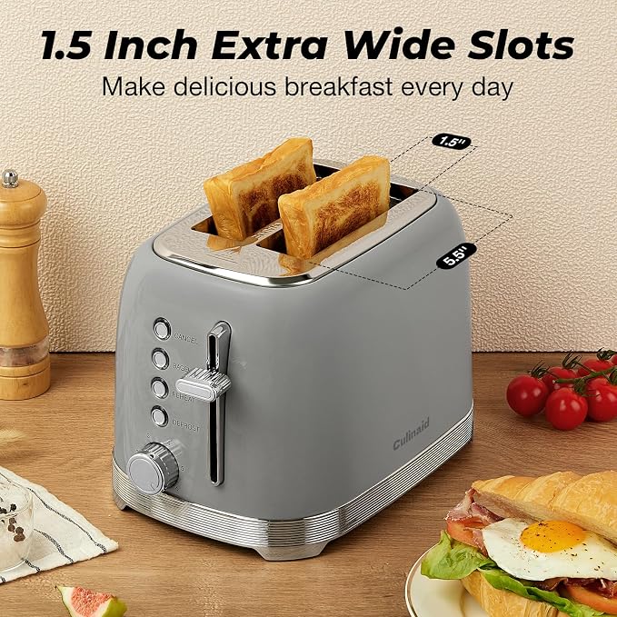 Toaster 2 Slice Retro Stainless Steel, Gray | 1.5” Extra Wide Slots with Bagel, Defrost, Reheat, Cancel Functions, 6 Bread Shade Settings, Removable Crumb Tray