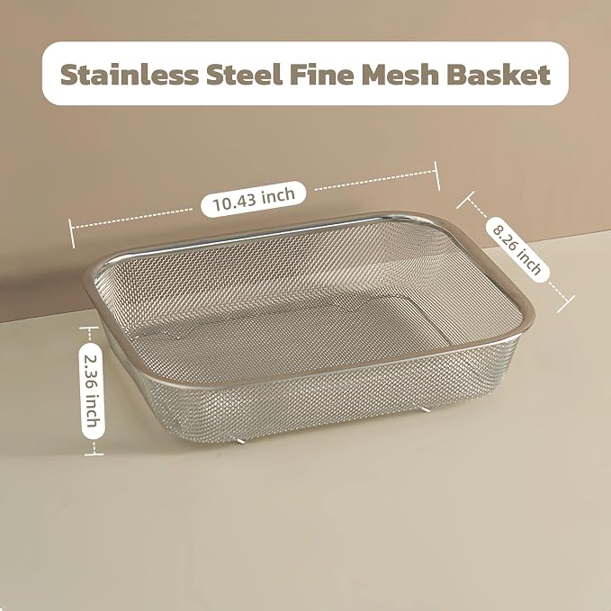 18/8 Stainless Steel Fine Mesh Strainer Basket with Feet, Rectangular Colander for Vegetables, Fruits, Pasta, Noodles – Rustproof, Durable & Easy to Clean (9.84 inch)