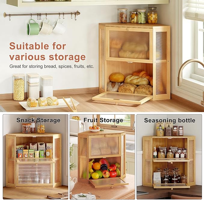 WOWLIVE Double Layer Corner Bread Box for Kitchen Countertop with 2 Doors | Bamboo Bread Storage Container, Large Farmhouse Breadbox with Acrylic Wavy, Under Cabinet Organizer, Natural, Extra Large