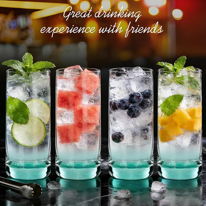Green Highball Glasses Set of 6, Drinking Glass for Mixed Drink | 13oz ,Cups for Cocktail, Beer, Mojito, Water and Juice,Thick Tall Glassware for Kitchen, Restaurant, Home Bar and Parties