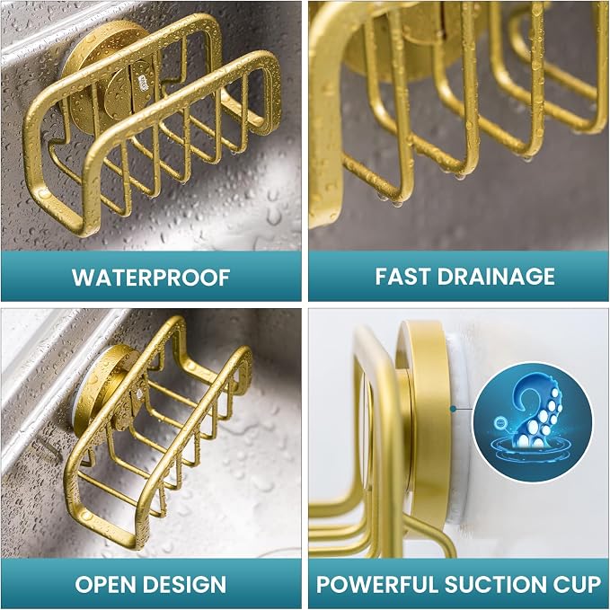 TAILI Gold Sponge Holder for Kitchen Sink with Strong Suction Cup | Removable Sink Caddy for Kitchen Sink Oganizer, Rustproof Aluminum Sink Sponge Holder for Scraper Brushes, Stoppers