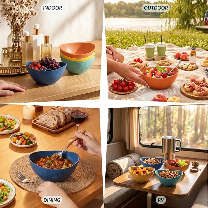 Wheat Straw Bowls Unbreakable Cereal Bowls 26 OZ Serving Bowls for Snack, Dessert, Dinner, Soup, Rice Microwave and Dishwasher Safe Bowls Set for Kitchen, Party, Dorm, RV (4 PCS Multi)