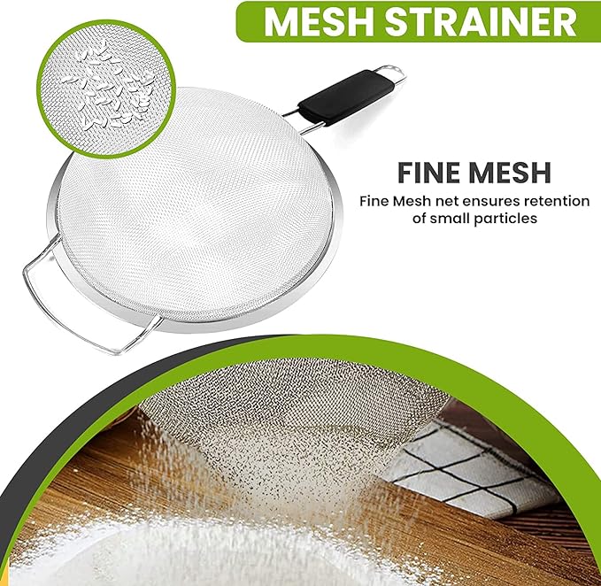 9" Large Extra Fine Mesh Strainer with Thermo Plastic Rubber Handle - Sieve Fine Mesh Stainless Steel - Ideal to Strain Pasta, Quinoa and Rice