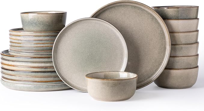 AmorArc Stoneware Dinnerware Sets for 8, 24Pcs Plates and Bowls Sets Dishes | Ceramic Round Reactive Glaze Dishes Set, Highly Scratch Resistant | Dishwasher & Microwave Safe Dishware