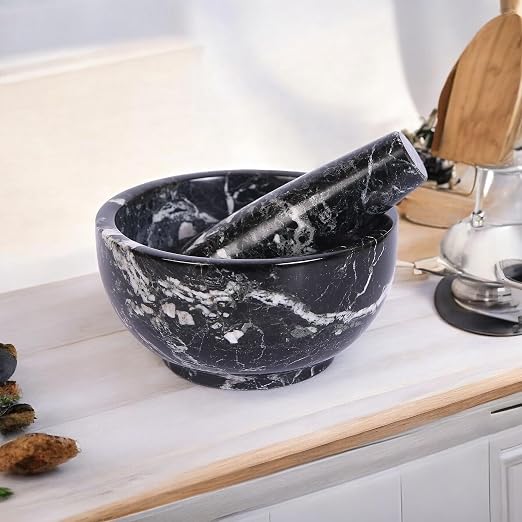 Exquisite Marble Mortar and Pestle Set - Your Ultimate Kitchen Essential for Grinding Spices, Making Guacamole, Salsa, Pesto, and Crushing Pills (Black Zebra, Bowl Shape (5"))